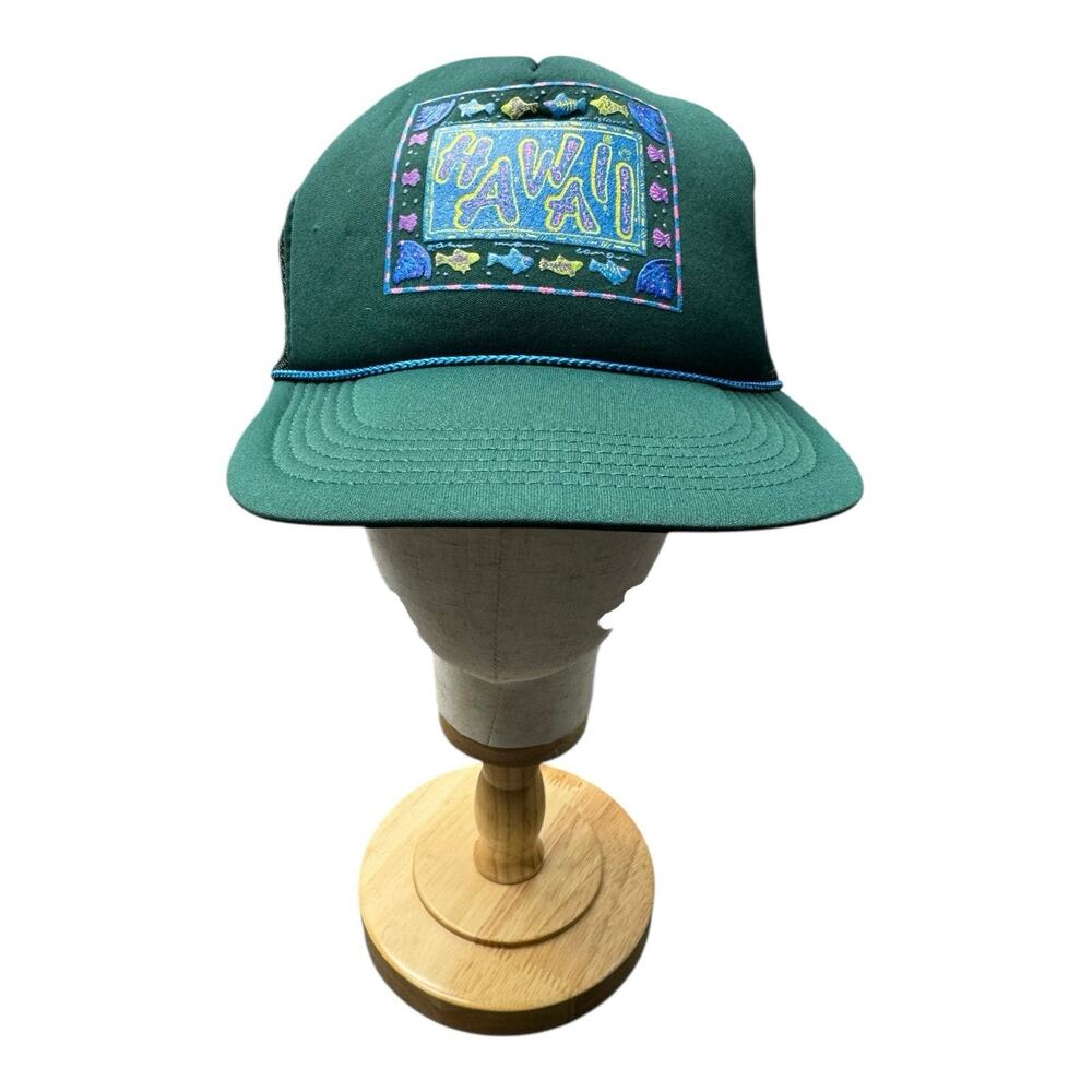 Vintage Hawaiian Headgear Green Hawaiian Fish Neon Trim Trucker Snapback Cap